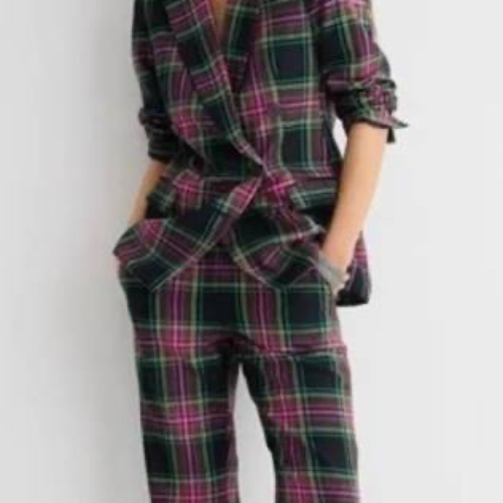 J. Crew Pink Tartan Wool-Blend Straight-Leg Pant
